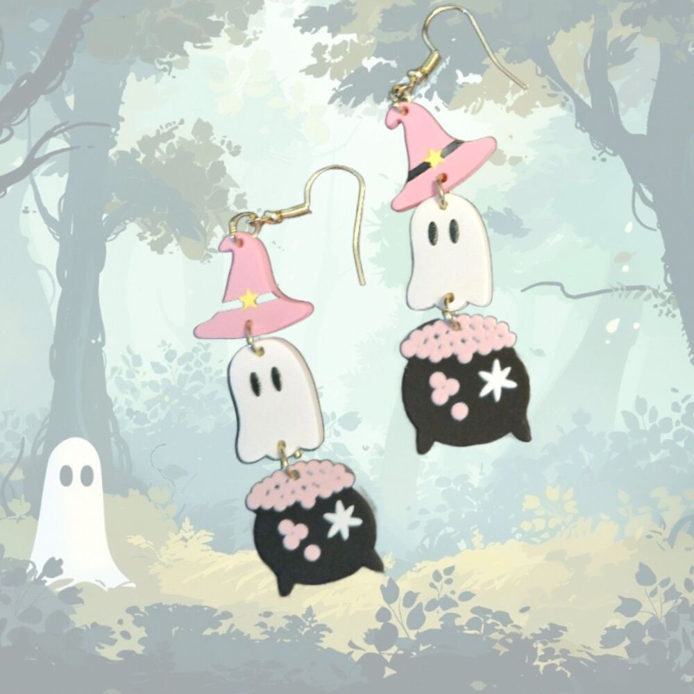 Pink Witch Hat, Ghost, Black Cauldron Dangle Earrings 3.07"